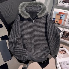 Asure 여성 봄 가을 오버핏 루즈핏 퍼 칼라 스트라이프 후드 니트 집업