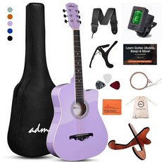 ADM 96.5cm(38인치) 초보자 성인용 어쿠스틱 기타 번들 온라인 레슨 컷어웨이 우드 아쿠스티카 기타라 스타터 세트 패키지 기타 가방 스트랩 스틸 스트링 픽, 퍼플 1