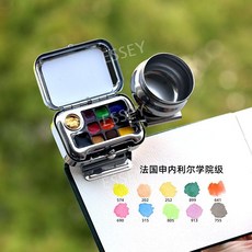휴대용 미니 미술 도구 물감 수채물감 수채화 팔레트 세트, 10색 Schenelier 수채화+클립+주전자
