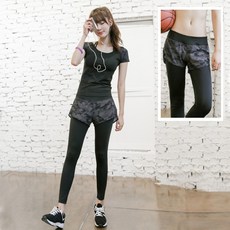 BODYAIR 假兩件彈力迷彩九分褲 瑜珈運動慢跑透氣舞蹈運動褲