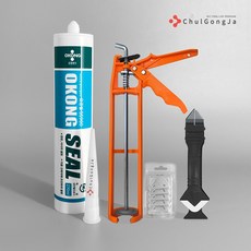 철공자 오공 무초산 실리콘 세트 무초산실리콘 + 실리콘건 + 마감헤라 + 스크래퍼 방수 창틀 걸레받이 샷시 창문 접착 샤시 창호 색상 셀프, 회색, 1세트