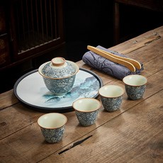 復古哥窯冰裂紋提樑壺蓋碗茶杯功夫茶具套裝 家用一壺四杯商務禮品, 青花兩才蓋碗（不帶禮盒）, 1個