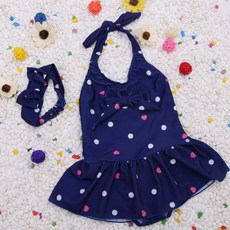 女童圓點連身裙式泳裝 附髮帶 蝴蝶結綁帶設計