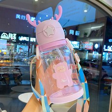 卡通兒童吸管杯 鹿角造型大容量便攜水杯, 1個, 紫色