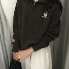 여성 반집업 니트 하이넥 곰돌이 자수 도톰 겨울 스웨터