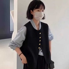 여성 정장 조끼 여자 베스트 블랙 금장 버튼 단추 포인트 라운드넥