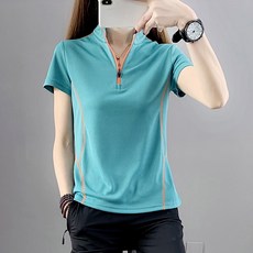 女款立領短袖速干T恤 超彈力透氣排汗機能運動上衣 孔雀藍 XL