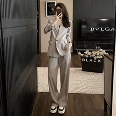 高級感休閒時尚灰色西裝套裝 早秋新款 S-XL 氣質幹練西裝套褲 炸街穿搭 上班OL衣櫥必備款_3073, 1個, 灰色套裝,L