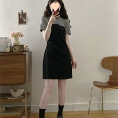 Yellwel 여름 숄더 디자인 패치 레이어드 패션 허리 조절 슬림 레트로 원피스 DJP