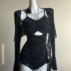 黑色蝴蝶性感修身連體長袖罩衫 泳衣女 顯瘦 泡溫泉度假