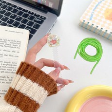 數據線繞線器 充電線整理器 創意吐司造型鋸齒繞線器 彈簧繩防折斷通用款, 1個, 小生物鋸齒繞線器+綠彈簧繩