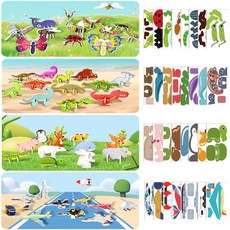 創意數字拚圖 童拚圖玩具 趣味拚圖 3D紙質立體拚圖 DIY數字拚圖 早敎手工拚裝益智卡片, 飛機+昆蟲+動物+恐龍】100張/不重複, 1個