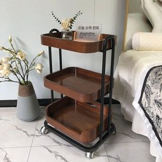 나무 트롤리 웨건 우드 원목 선반 이동식 카트 주방 거실 인테리어 수납 정리 다용도, 다크 우드 블랙 프레임