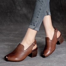 Hasvz여성용 토오픈 미들힐 복고 스타일 고급 가죽 경량 샌들 웨지힐구두5cm