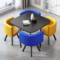 상담테이블 원탁테이블 의자 책상 세트 회의용 미팅 사각그레이책상 80x80x75cm+그린의, AP. 검은색 사각형 파란색과 노란색 가죽 의자