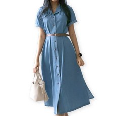 메리앤유 레자벨트로 코디하는 카라넥 해지데님 반팔청원피스