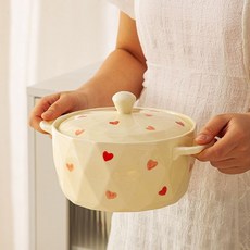陶瓷雙耳湯碗帶蓋奶油桃心家用高顏值大號湯碗帶大勺泡麪螺螄粉碗, 1個, 10英寸菱形湯碗帶蓋（愛心）