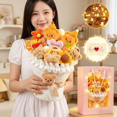 Belua 곰돌이 인형 꽃다발 졸업식 학예회 입학식 화이트데이 선물 쇼핑백 LED전구 카드 포함, 1개, 옐로우
