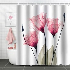 ZCHOMI 핑크 레드 꽃무늬 샤워 커튼 수채화 꽃 잎 나비 우아한 욕실 방수 폴리에스터 원단 목욕 182.9 x 182.9cm(72 72인치) 후크 1_165512, 핑크 튤립_165512