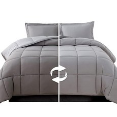 Elegant Comfort 3피스 양면 이불 세트 사계절용 아늑함 부드러운 다운 대체품 퀼트 - 박스 스티치 - 4개의 코너 탭이 있는 이불 인서트 베개 커버가 있는, Gray/Silver