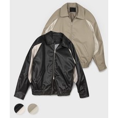 [블랙모먼트] 페이크 레더 배색 바시티 오버핏 블루종 자켓 점퍼 2COLOR