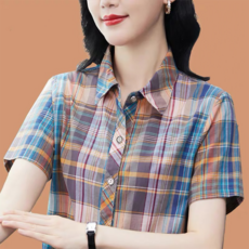 지고다그 여성 여름 체크무늬 반팔 셔츠 얇은 소재 편안한 데일리웨어 SXA0751
