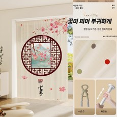 도어커튼 드릴 필요 없는 얇은 거즈 소재 문가림막커튼 현관문 침실 거실용 인테리어, 세트 꽃이 피고 부귀 신축봉+끈 포함