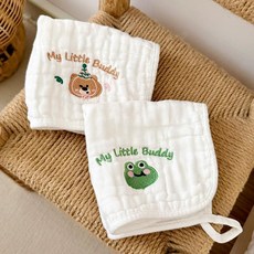 嬰兒純棉紗布小方巾 兒童洗臉巾 新生寶寶口水巾, 無憂小熊+青蛙（A類6層柔紗2條裝）,25x25cm, 1個