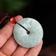 好物上新 天然花開富貴平安扣吊墜 大挂件玉佩毛衣鏈玉墜款帶證書淡綠, 1個, 单面平安扣花开富贵