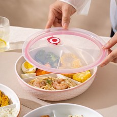 分格餐盤 釉下彩陶瓷可微波爐帶蓋蒸盤 家用上班族三格飯盤, 1個, 普通淺款（無蓋無勺）,草莓（約700毫升可微波爐）