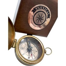 앤티크 황동 해양 나침반과 나무 상자 2인치 마그네틱 항해 도구 빈티지 수집품 세일링 하이킹 캠핑 선물 수집가용, 나침반 카라비너 군용 생존 자석 해양 황동 나침반과 나