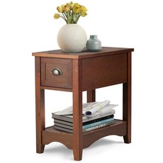 FIREFLOWERY Rubberwood End Table with Drawer Retro Nightstand Bedside Table Narrow Side Table w/S, Walnut