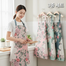 방수 플라워 주방앞치마 핸드타올 일체형 1+1+1, 1세트, 3개