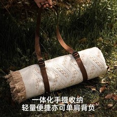 法式加厚防潮野餐墊，適合露營、野餐、郊遊, 咖白杏色流蘇野餐場景美妝布130.180