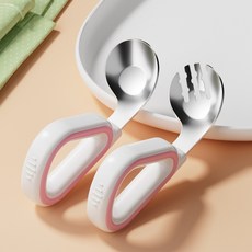 兒童湯匙 316不鏽鋼 寶寶學習餐具 嬰兒餐具組, 1個, 限時特價【彎勺叉】乳白粉叉勺