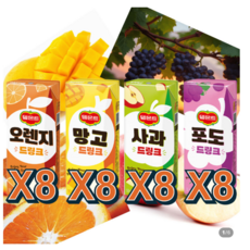 (190mlx32팩 혼합구성) 델몬트드링크팩 오렌지포도사과망고 주스 과즙음료, 1.오렌지x8 포도x8 사과x8 망고x8, 190ml, 1세트