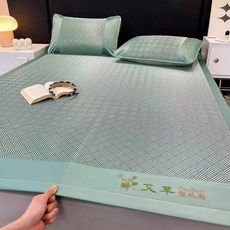 夏季艾草驅蚊冰絲涼蓆三件套, 1個, 艾草養生席-綠(含枕套,90寬200長