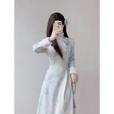 新中式旗袍連衣裙 奧黛藍色氣質長裙-台灣現貨