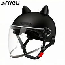 ANYOU 자외선 차단 고글 고양이 귀 안전 헬멧, 방풍 투명 긴 쉴드+블랙헬멧