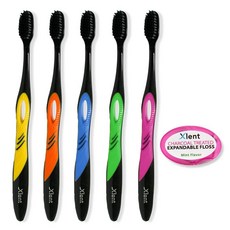 Xlent 활성탄 칫솔모 칫솔 - Xtreme (익스트림) 소프트 초미세 테이퍼드 칫솔모 컴팩트 헤드 및 슬림 디자인 (칫솔 5개 + 치실 1개 5m), Xlent 활성탄 칫솔모 칫솔 - Xtreme (익스트, 1