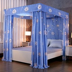 宮廷蚊帳遮光牀簾一體式家用雙人臥室簡約公主保暖全封閉牀幔雙層, 雲朵藍（杆+簾）送風扇杆,1.2米寬  2.0米長