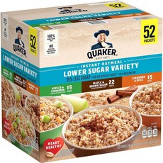 퀘이커 로우어슈거 인스턴트오트밀 버라이어티팩 33g 52개입 저당 혼합 오트밀(Quaker Lower Sugar Instant Oatmeal Variety Pack 1.17 o, 1개, 1.8kg