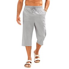 PASLTER 남성용 리넨 카프리 팬츠 캐주얼 경량 7부 바지 신축성 있는 허리 드로스트링 비치 요가 반바지 포켓 포함 회색. 131504