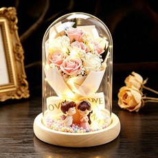 프리저브드 플라워 유리돔 무드등 꽃다발 커플 인형 여자친구 여성 아내 생일 선물, 1개, 핑크+화이트 장미 무드등 1개, 핑크+화이트 장미 무드등
