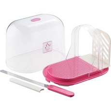 日本川崎多功能麵包保存盒切片導引折疊式麵包刀三件組，附透明蓋，日本原裝進口，輕鬆切片，保持麵包新鮮, 粉色, 1個