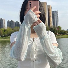 涼感蕾絲冰袖 夏季防曬袖套 透氣遮陽手袖, 綠色, 1個