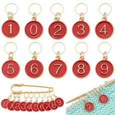 10개 합금 에나멜 숫자 0~9 펜던트 잠금 스티치 마커 황동 연결 링 및 304 스테인리스 스틸 안전핀 포함 납작한 원형 빨간색 5cm