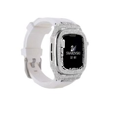 Apple Watch S7 金屬鑲鑽保護殼+白色錶帶, 銀色鑲鑽金屬殼+白色錶帶,適用7/8代 【45mm】禮盒裝