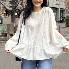 로로텐 플레어 셔링 핀턱 퍼프 긴팔 블라우스 라운드넥 여성 빅사이즈