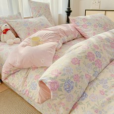 純棉床包被套床笠四件組，設計款，四季適用, 曲【100%全棉親膚柔軟舒適】,四件套】-適合220x240cm被芯